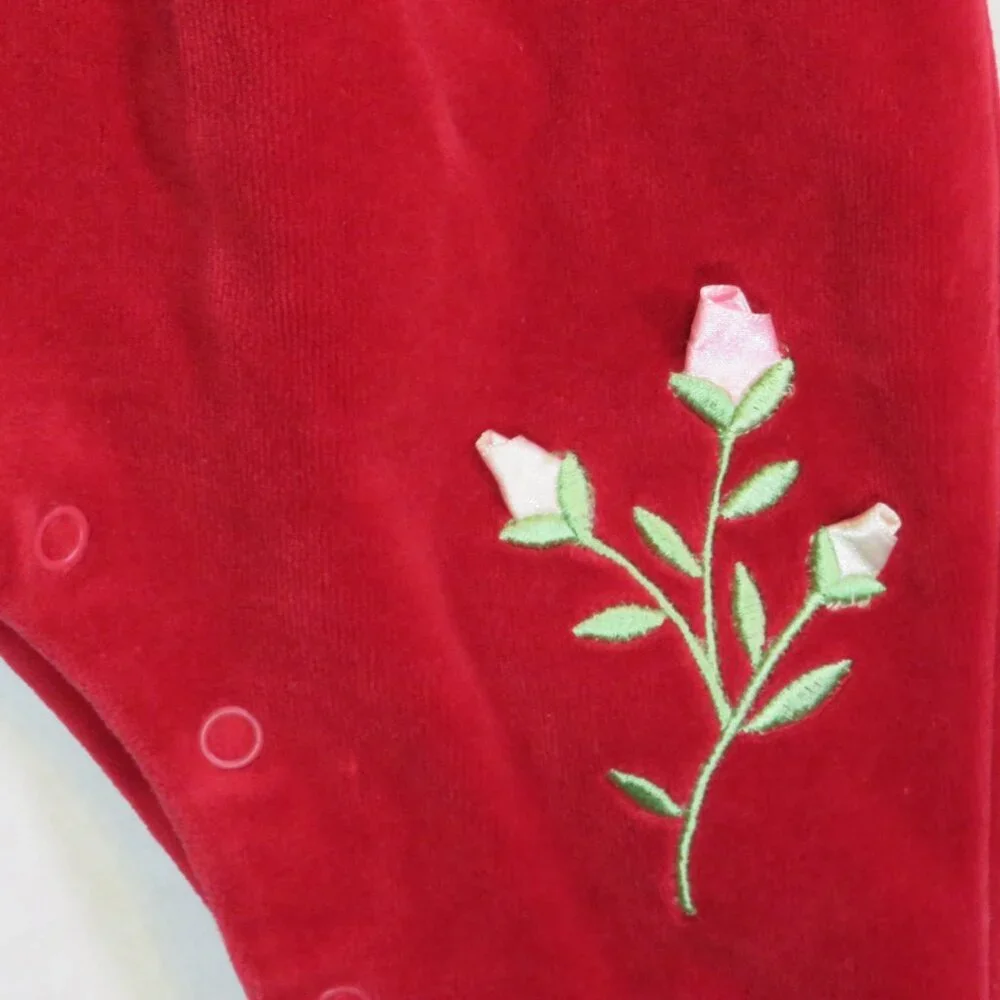 Baby Red Velour bodysuit w Roses embroidered on leg